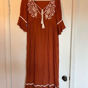 Free People Terracotta Maxi Dress with White Floral Detail